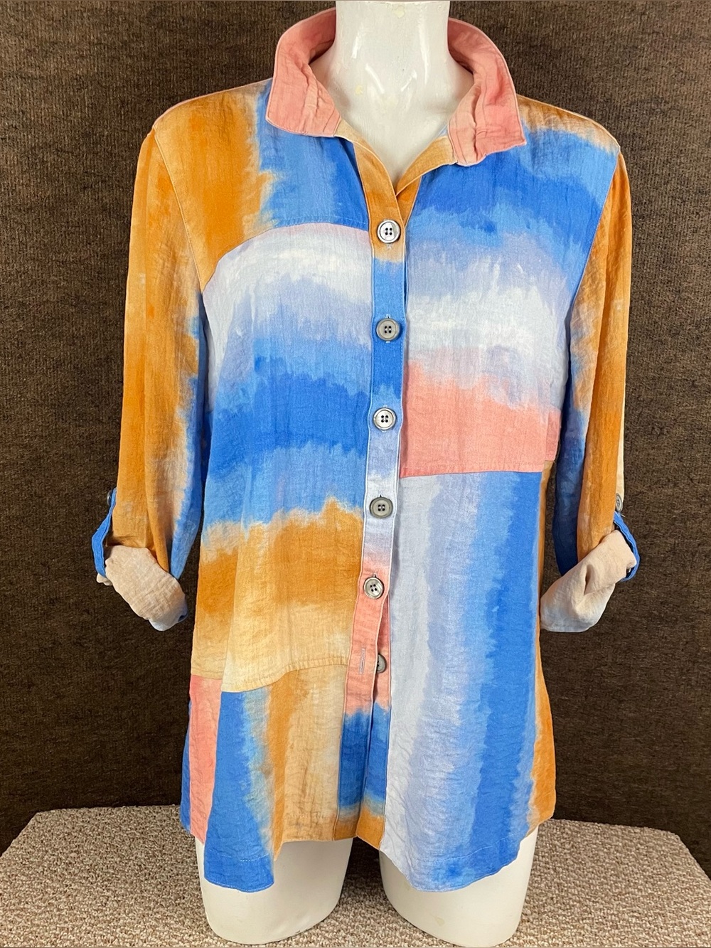 John Mark Tunic Medium Wire Collar Ombre Patchwork Button Lagenlook Artsy 67